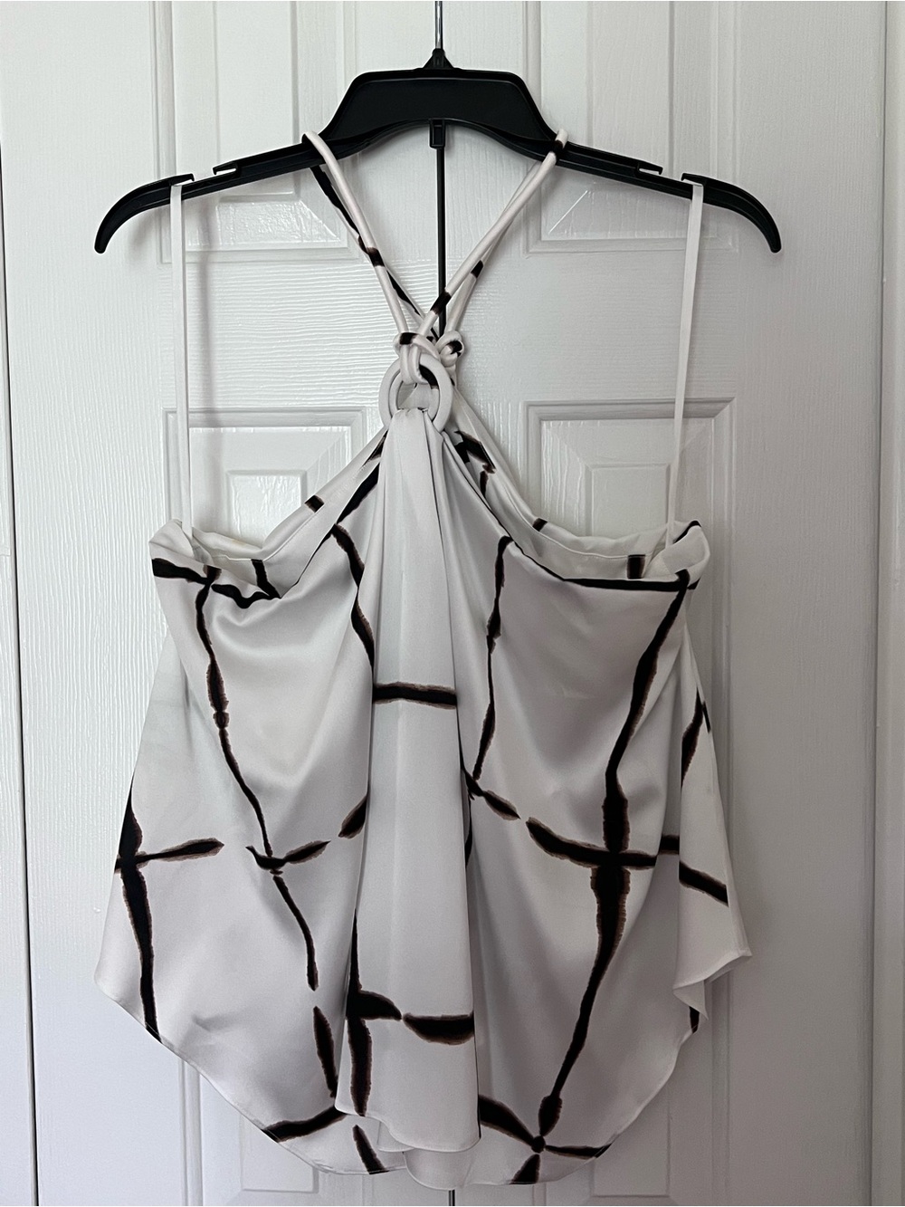 White House Black Market White with Black Abstract Ring-Back Halter Camisole